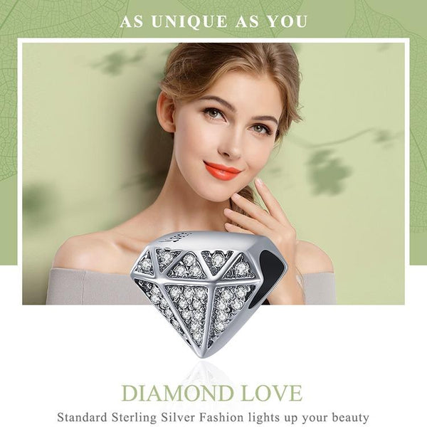 Diamond Love Sterling Silver Zircon CZ Bead Charm Pendant Bracelet Necklace