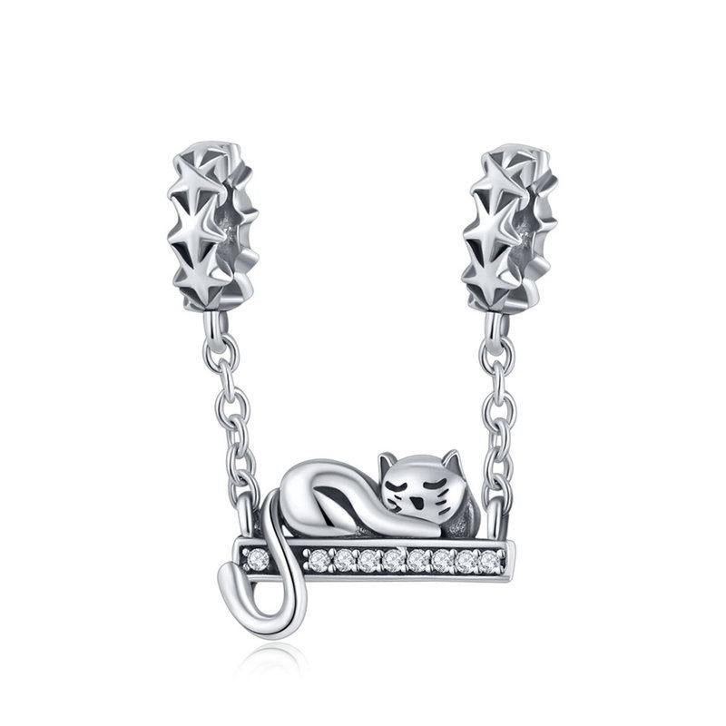 Sleeping Cat Sterling Silver Zircon CZ Bead Charm Bracelet Necklace
