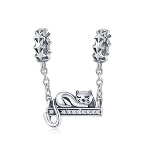 Sleeping Cat Sterling Silver Zircon CZ Bead Charm Bracelet Necklace