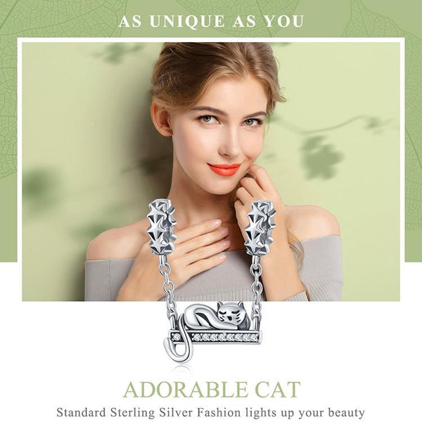 Sleeping Cat Sterling Silver Zircon CZ Bead Charm Bracelet Necklace