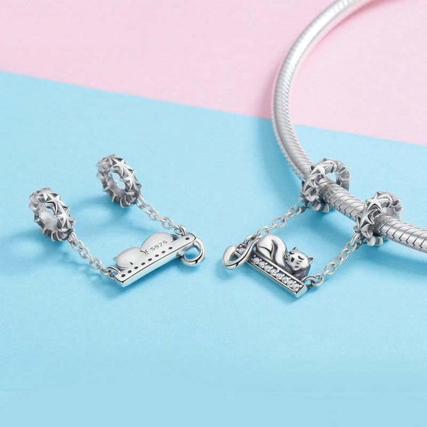 Sleeping Cat Sterling Silver Zircon CZ Bead Charm Bracelet Necklace