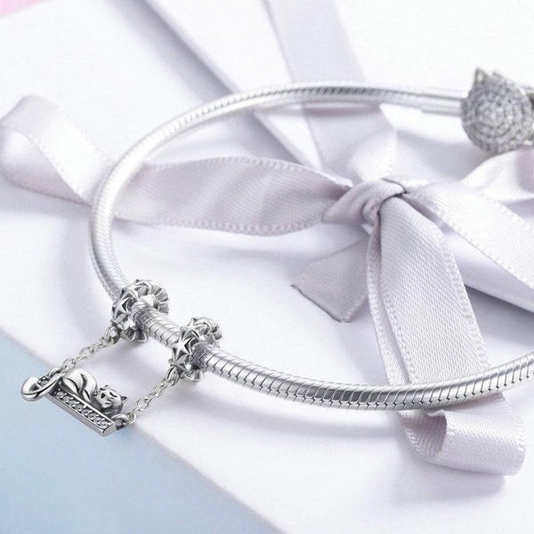 Sleeping Cat Sterling Silver Zircon CZ Bead Charm Bracelet Necklace