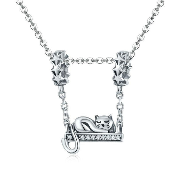 Sleeping Cat Sterling Silver Zircon CZ Bead Charm Bracelet Necklace