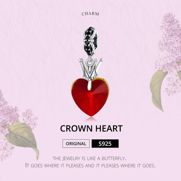 Crown Heart Glass Sterling Silver CZ Bead Charm Pendant Bracelet Necklace