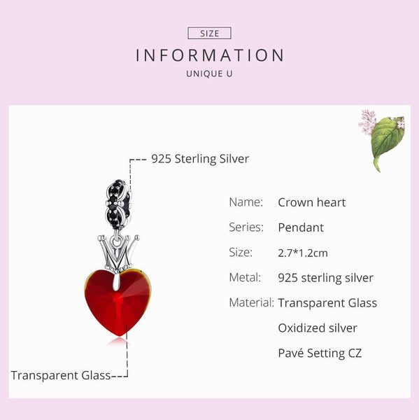Crown Heart Glass Sterling Silver CZ Bead Charm Pendant Bracelet Necklace