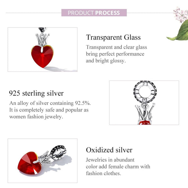Crown Heart Glass Sterling Silver CZ Bead Charm Pendant Bracelet Necklace