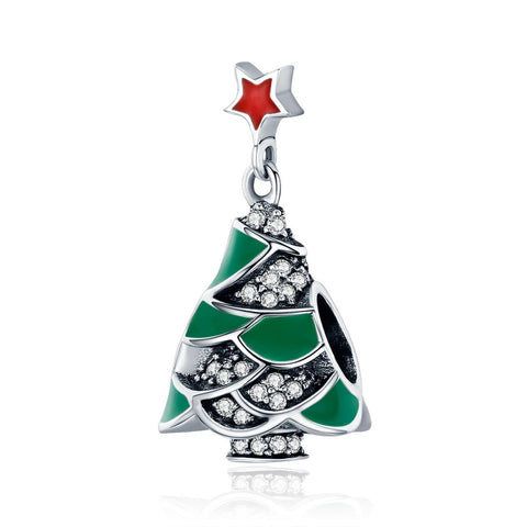 Christmas Xmas Tree Enamel Sterling Silver Zircon CZ Bead Charm Bracelet Necklace