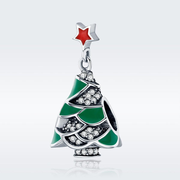 Christmas Xmas Tree Enamel Sterling Silver Zircon CZ Bead Charm Bracelet Necklace