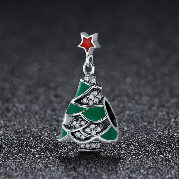 Christmas Xmas Tree Enamel Sterling Silver Zircon CZ Bead Charm Bracelet Necklace