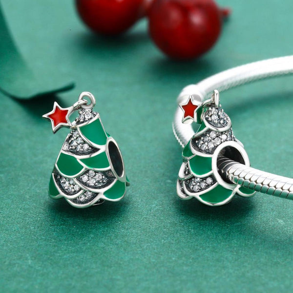 Christmas Xmas Tree Enamel Sterling Silver Zircon CZ Bead Charm Bracelet Necklace