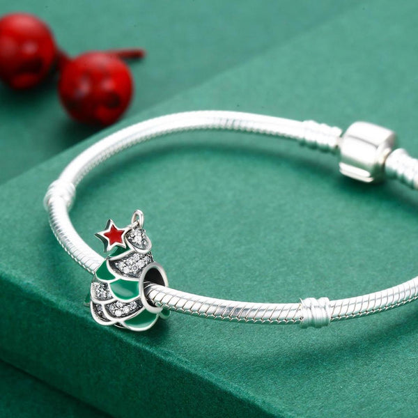 Christmas Xmas Tree Enamel Sterling Silver Zircon CZ Bead Charm Bracelet Necklace