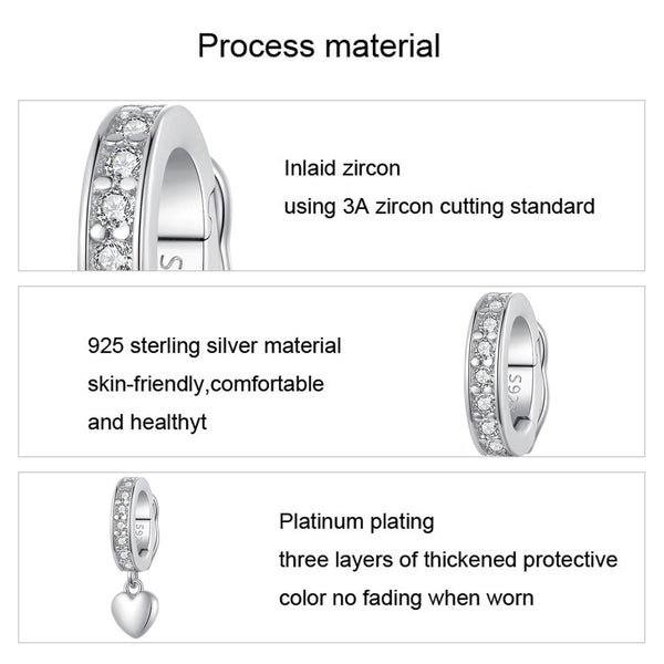 Heart Platinum Plated Sterling Silver Crystal Zircon Buckle Spacer Bead Charm Bracelet
