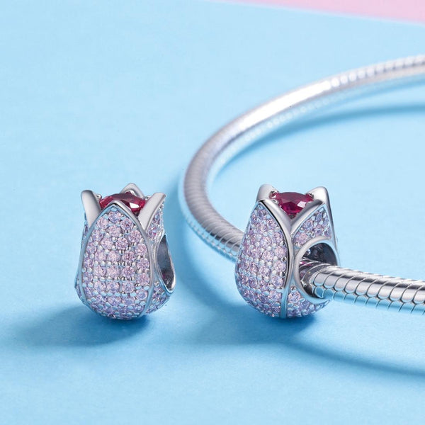 Tulip Sterling Silver Zircon CZ Bead Charm Bracelet Necklace Pendant