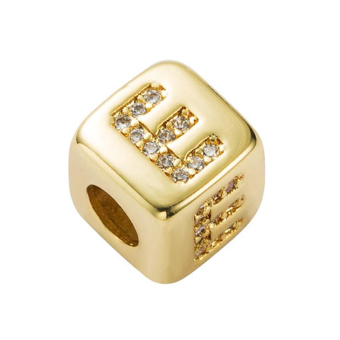 Gold Colour Letter Initial Copper Zircon CZ Bead Charm Bracelet Necklace E