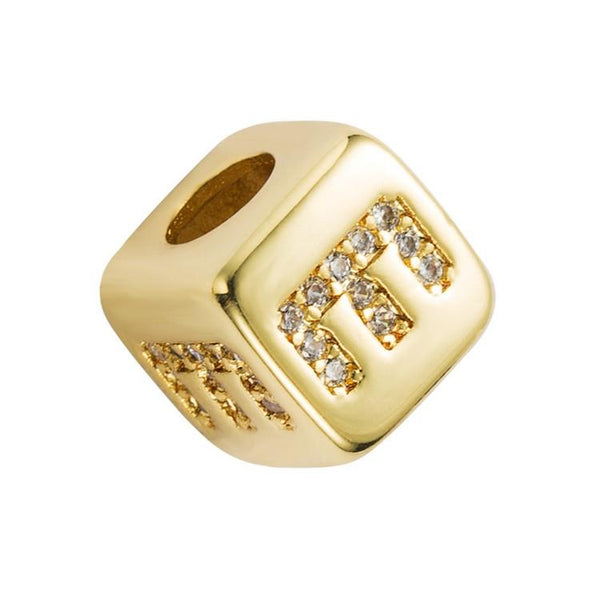 Gold Colour Letter Initial Copper Zircon CZ Bead Charm Bracelet Necklace E