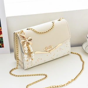 Faux PU Leather Shoulder Bag Handbag Gold Chain Hardware Beige