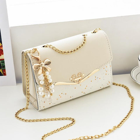 Faux PU Leather Shoulder Bag Handbag Gold Chain Hardware Beige