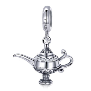 Aladdin Genie Magic Lamp Sterling Silver CZ Bead Charm Pendant Bracelet Necklace