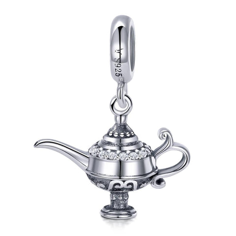 Aladdin Genie Magic Lamp Sterling Silver CZ Bead Charm Pendant Bracelet Necklace