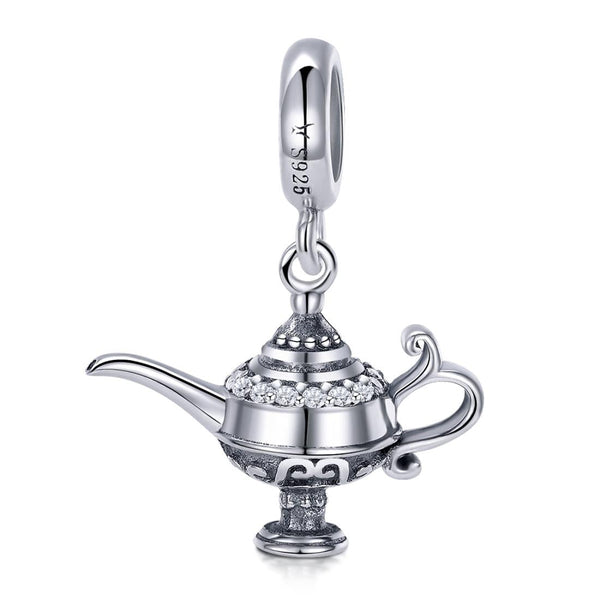 Aladdin Genie Magic Lamp Sterling Silver CZ Bead Charm Pendant Bracelet Necklace