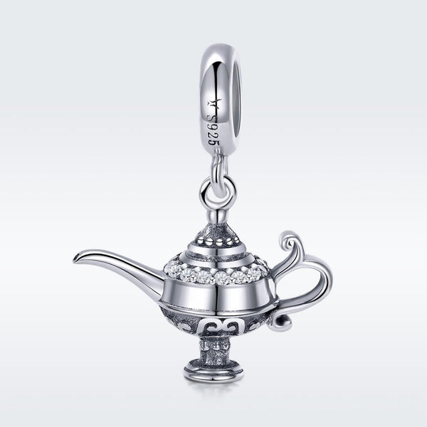 Aladdin Genie Magic Lamp Sterling Silver CZ Bead Charm Pendant Bracelet Necklace