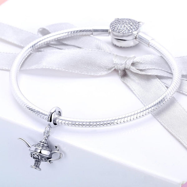Aladdin Genie Magic Lamp Sterling Silver CZ Bead Charm Pendant Bracelet Necklace