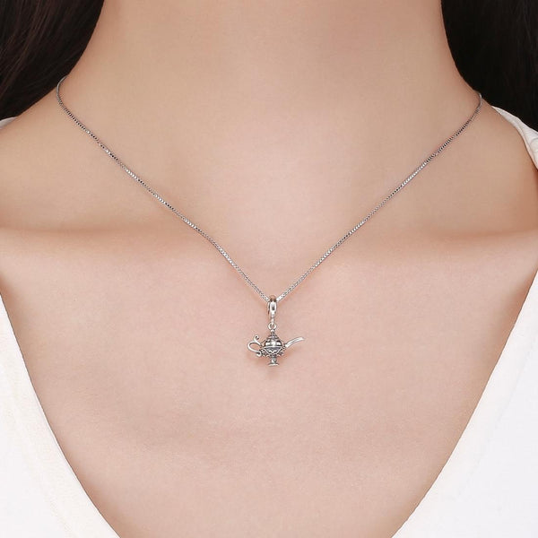 Aladdin Genie Magic Lamp Sterling Silver CZ Bead Charm Pendant Bracelet Necklace