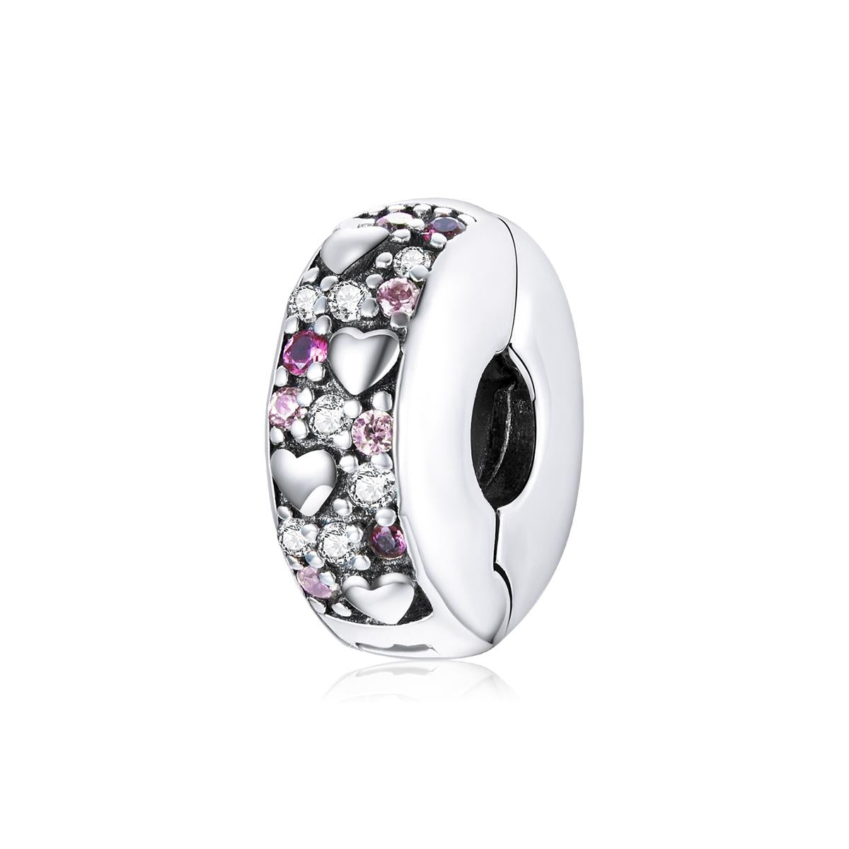 Pave Crystal Love Heart Sterling Silver Zircon CZ Buckle Clip Bead Charm Bracelet