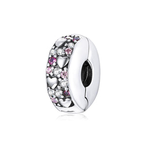 Pave Crystal Love Heart Sterling Silver Zircon CZ Buckle Clip Bead Charm Bracelet