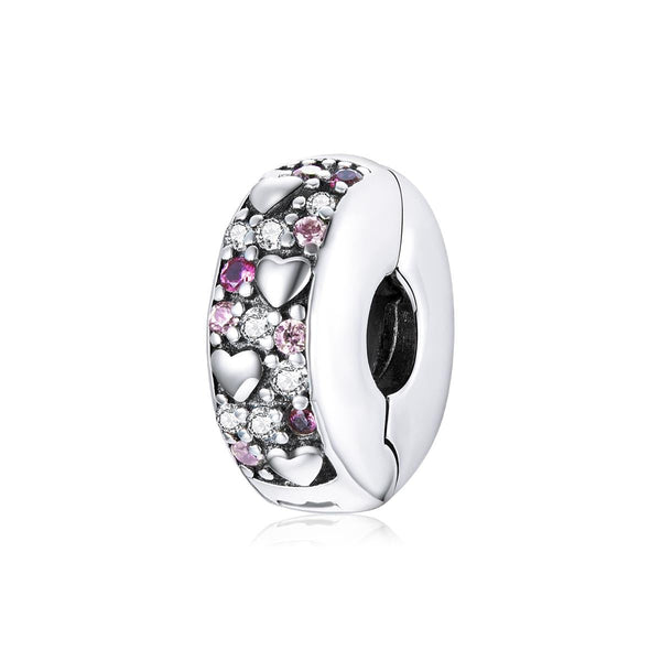 Pave Crystal Love Heart Sterling Silver Zircon CZ Buckle Clip Bead Charm Bracelet