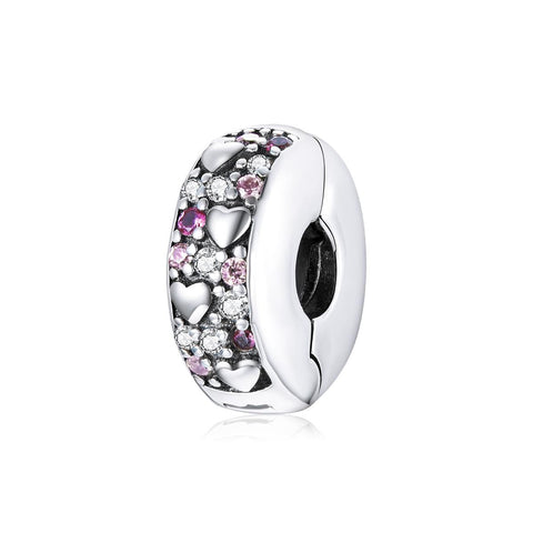 Pave Crystal Love Heart Sterling Silver Zircon CZ Buckle Clip Bead Charm Bracelet