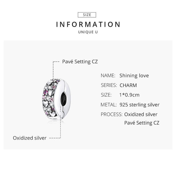 Pave Crystal Love Heart Sterling Silver Zircon CZ Buckle Clip Bead Charm Bracelet