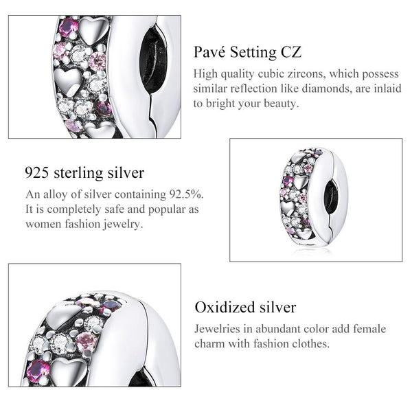 Pave Crystal Love Heart Sterling Silver Zircon CZ Buckle Clip Bead Charm Bracelet