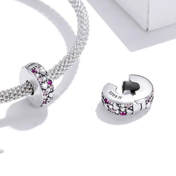 Pave Crystal Love Heart Sterling Silver Zircon CZ Buckle Clip Bead Charm Bracelet