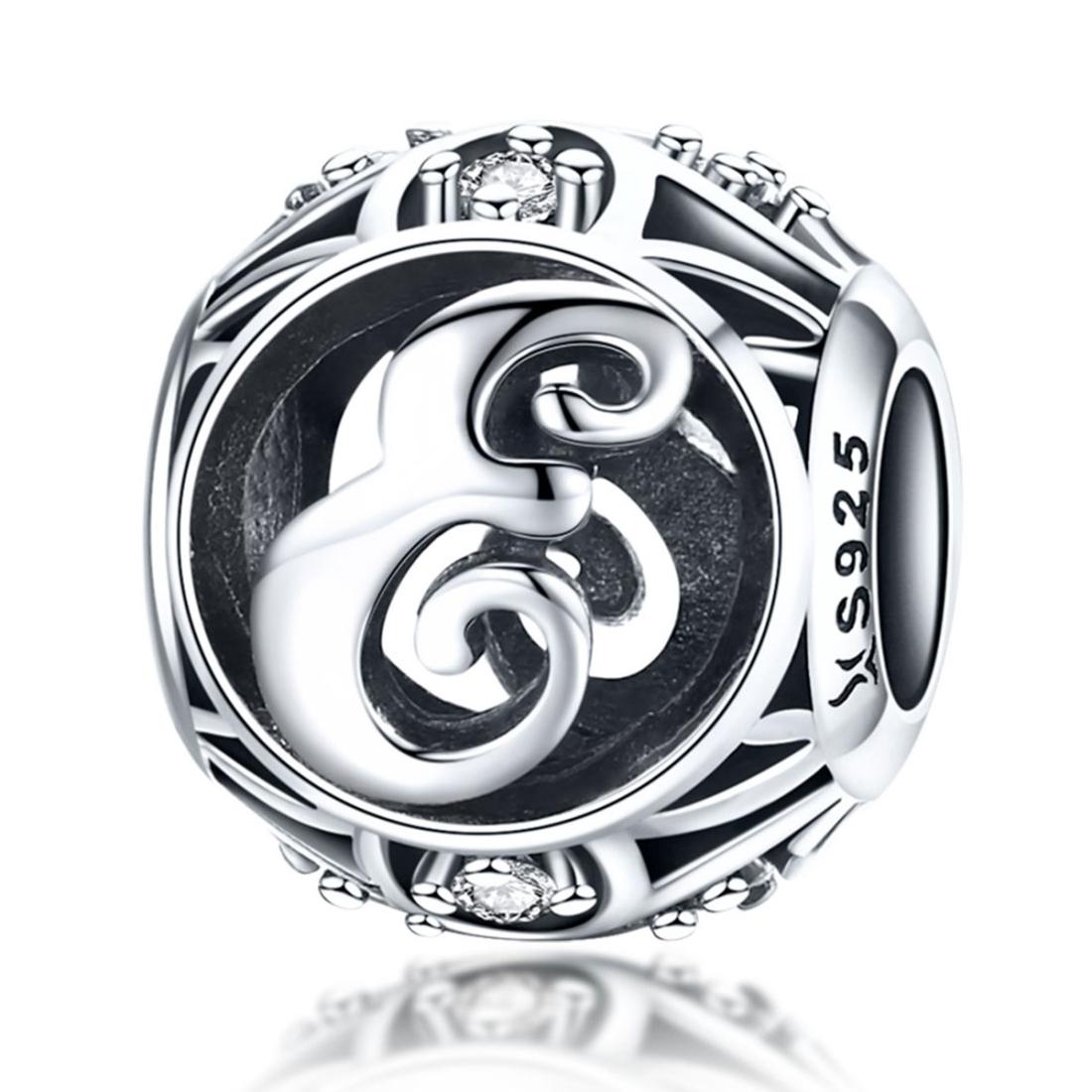 E Initial Letter Sterling Silver Zircon CZ Bead Charm Bracelet Necklace