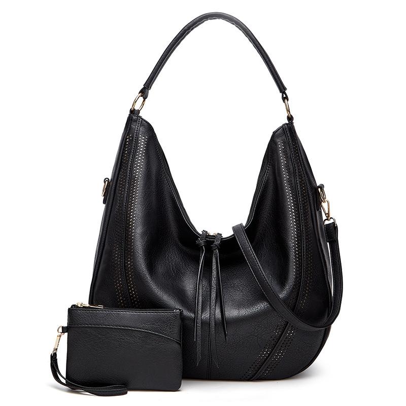 2 Pce Faux PU Leather Bucket Slouch Underarm Shoulder Bag handbag Purse Black