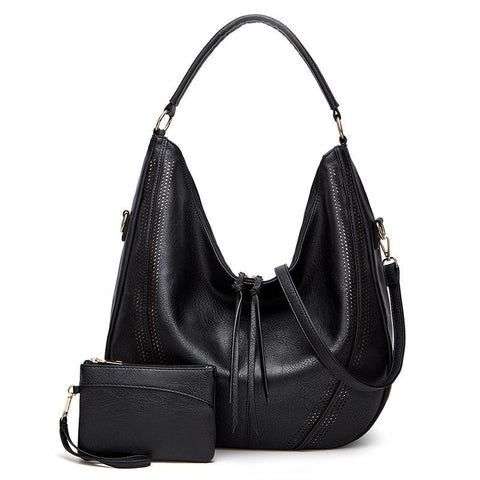 2 Pce Faux PU Leather Bucket Slouch Underarm Shoulder Bag handbag Purse Black