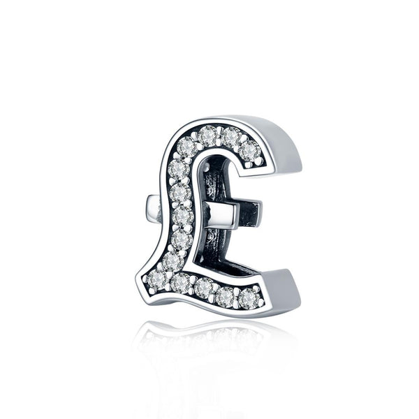 Sterling Pound Currency Symbol Silver Zircon CZ Bead Charm Bracelet Necklace