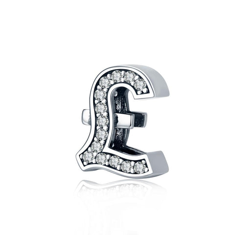 Sterling Pound Currency Symbol Silver Zircon CZ Bead Charm Bracelet Necklace