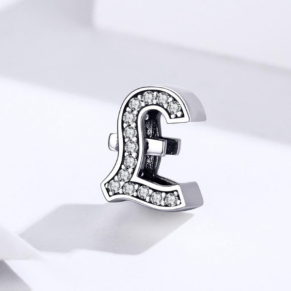 Sterling Pound Currency Symbol Silver Zircon CZ Bead Charm Bracelet Necklace