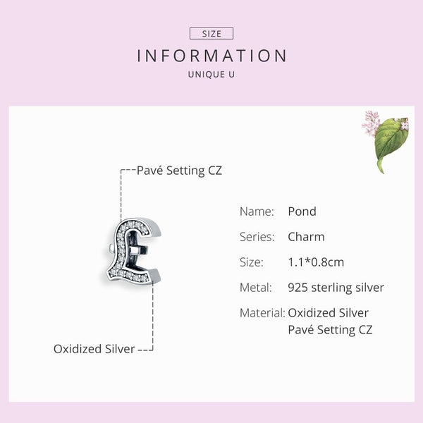 Sterling Pound Currency Symbol Silver Zircon CZ Bead Charm Bracelet Necklace