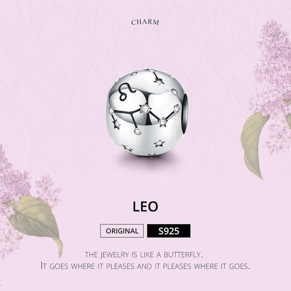 Leo Zodiac Constellation Sterling Silver Zircon CZ Bead Charm Bracelet Necklace