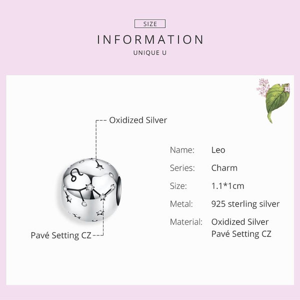 Leo Zodiac Constellation Sterling Silver Zircon CZ Bead Charm Bracelet Necklace