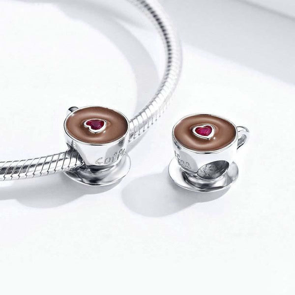 Love Coffee Cup Enamel Sterling Silver Bead Charm Bracelet Necklace