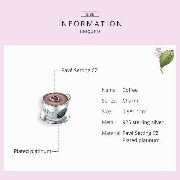 Love Coffee Cup Enamel Sterling Silver Bead Charm Bracelet Necklace