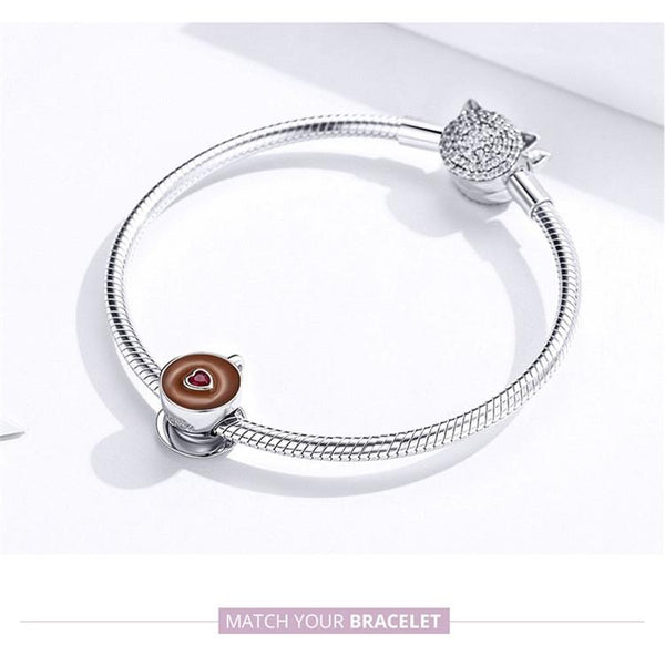 Love Coffee Cup Enamel Sterling Silver Bead Charm Bracelet Necklace