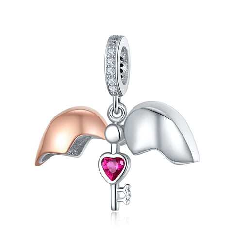 Heart Key Platinum Rose Gold Plated Sterling Silver CZ Bead Charm Bracelet Necklace