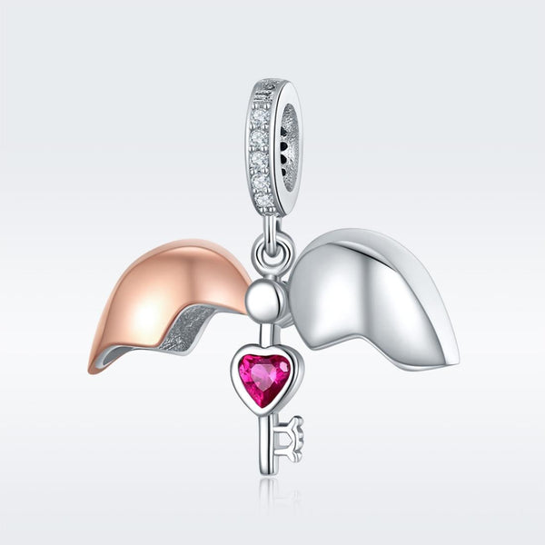 Heart Key Platinum Rose Gold Plated Sterling Silver CZ Bead Charm Bracelet Necklace