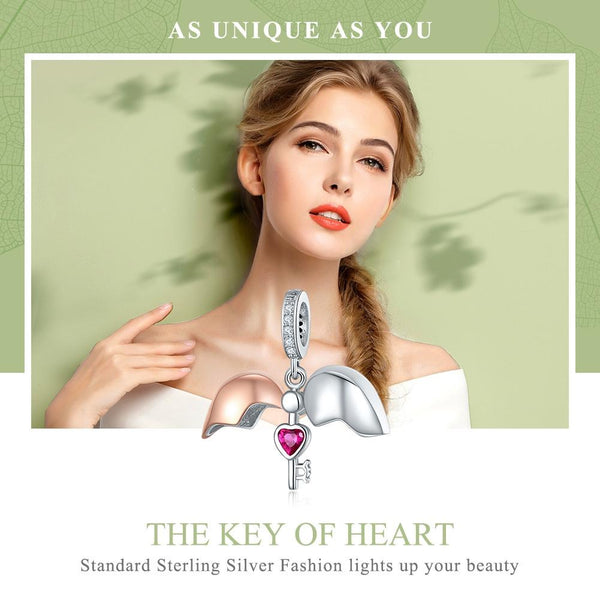 Heart Key Platinum Rose Gold Plated Sterling Silver CZ Bead Charm Bracelet Necklace