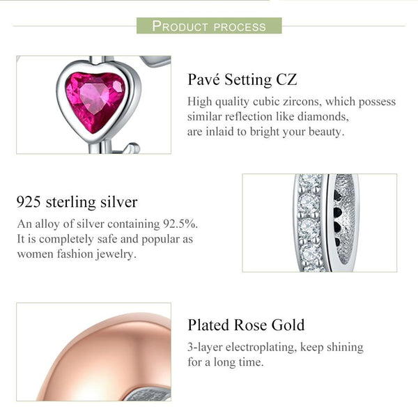Heart Key Platinum Rose Gold Plated Sterling Silver CZ Bead Charm Bracelet Necklace